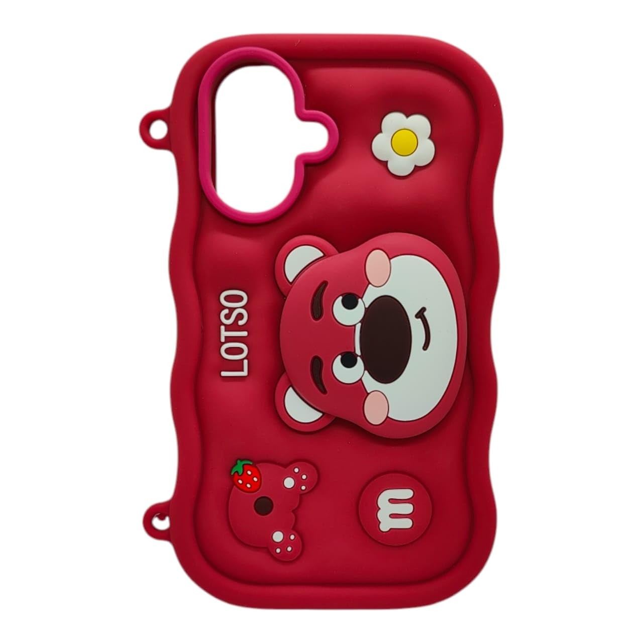 Oldcrew 3D Silicone Cartoon Case for iPhone 16 Plus for Kids Women Girls Boys (Lotso Themed) with inbuilt Stand Wine Red