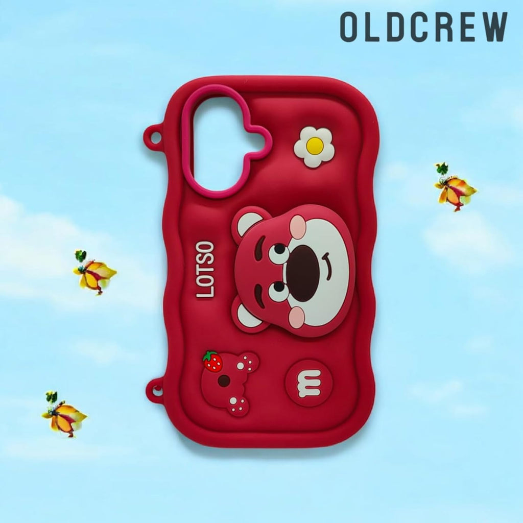 Oldcrew 3D Silicone Cartoon Case for iPhone 16 Plus for Kids Women Girls Boys (Lotso Themed) with inbuilt Stand Wine Red