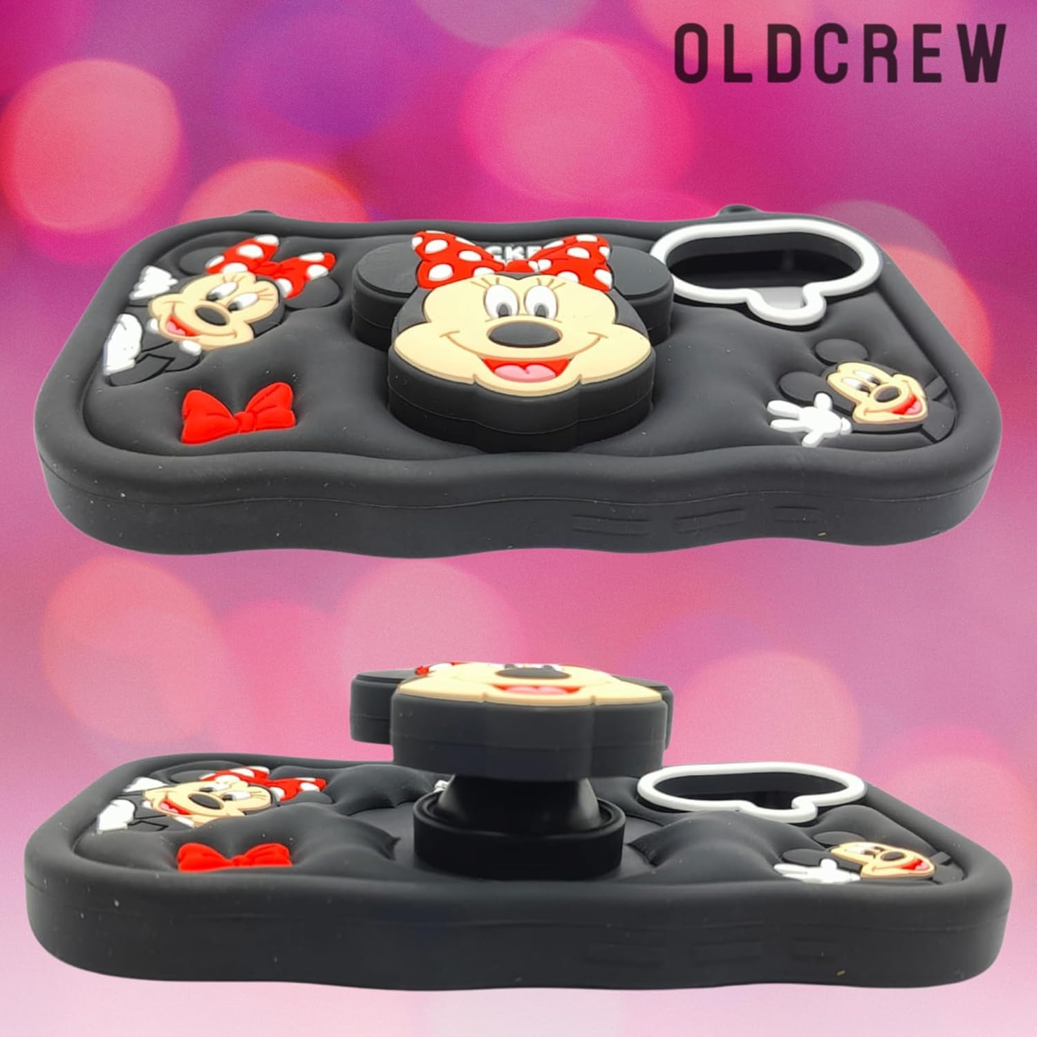 Oldcrew 3D Silicone Cartoon Case for iPhone 16 for Kids Women Girls Boys (Mickey Minnie Themed) with inbuilt Stand Black